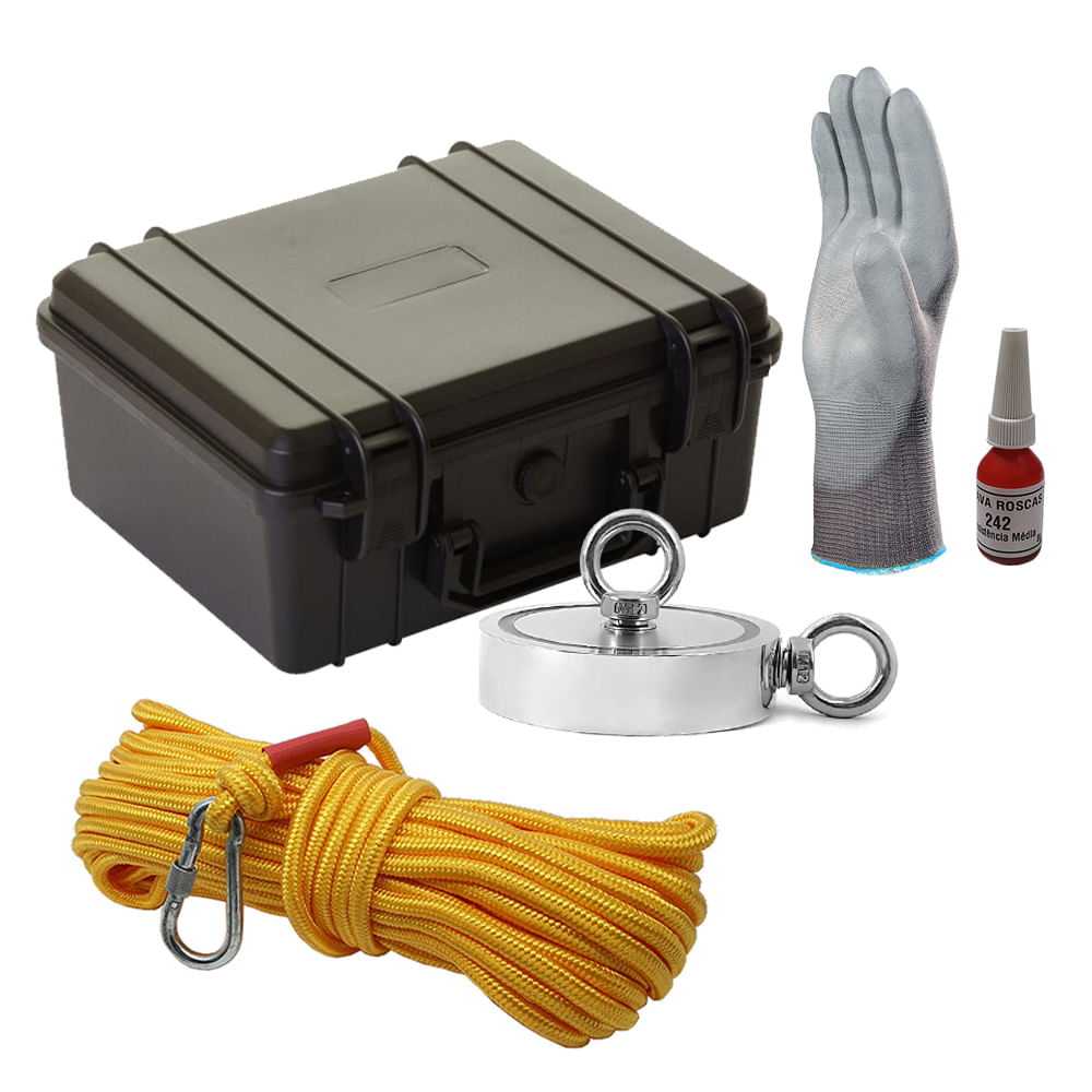 Maleta Pesca Magnética 136 mm 2 Olhais Corda Amarela Força Aproximada 850kg 5 Peças Maleta Pesca Magnética 136 mm 2 Olhais Corda Amarela Força Aproximada 850kg 5 Peças