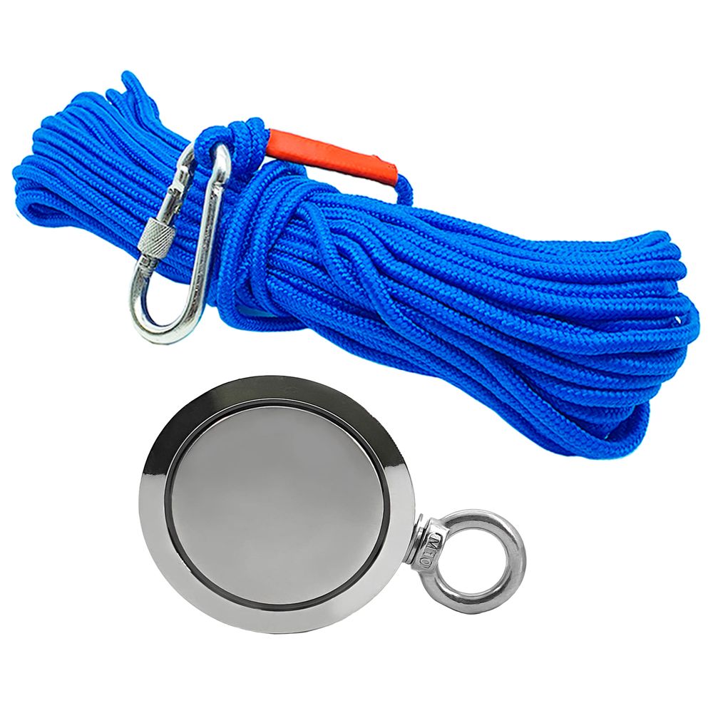 Kit Pesca Magnética com Fixador 94 mm Olhal Lateral Força Aproximada 500kg e Corda 20m Azul Kit Pesca Magnética com Fixador 94 mm Olhal Lateral Força Aproximada 500kg e Corda 20m Azul