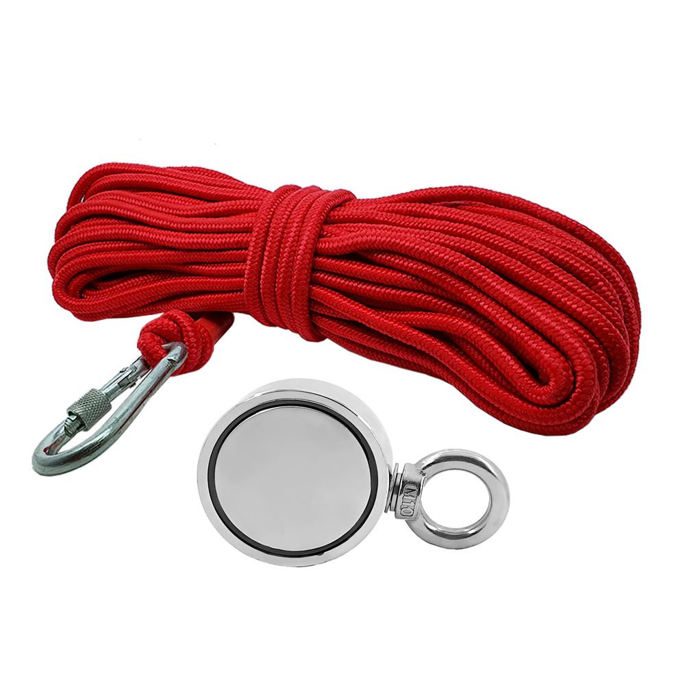 Kit Pesca Magnética com Fixador 67 mm Olhal Lateral Força Aproximada 230kg e Corda 20m Vermelha Kit Pesca Magnética com Fixador 67 mm Olhal Lateral Força Aproximada 230kg e Corda 20m Vermelha