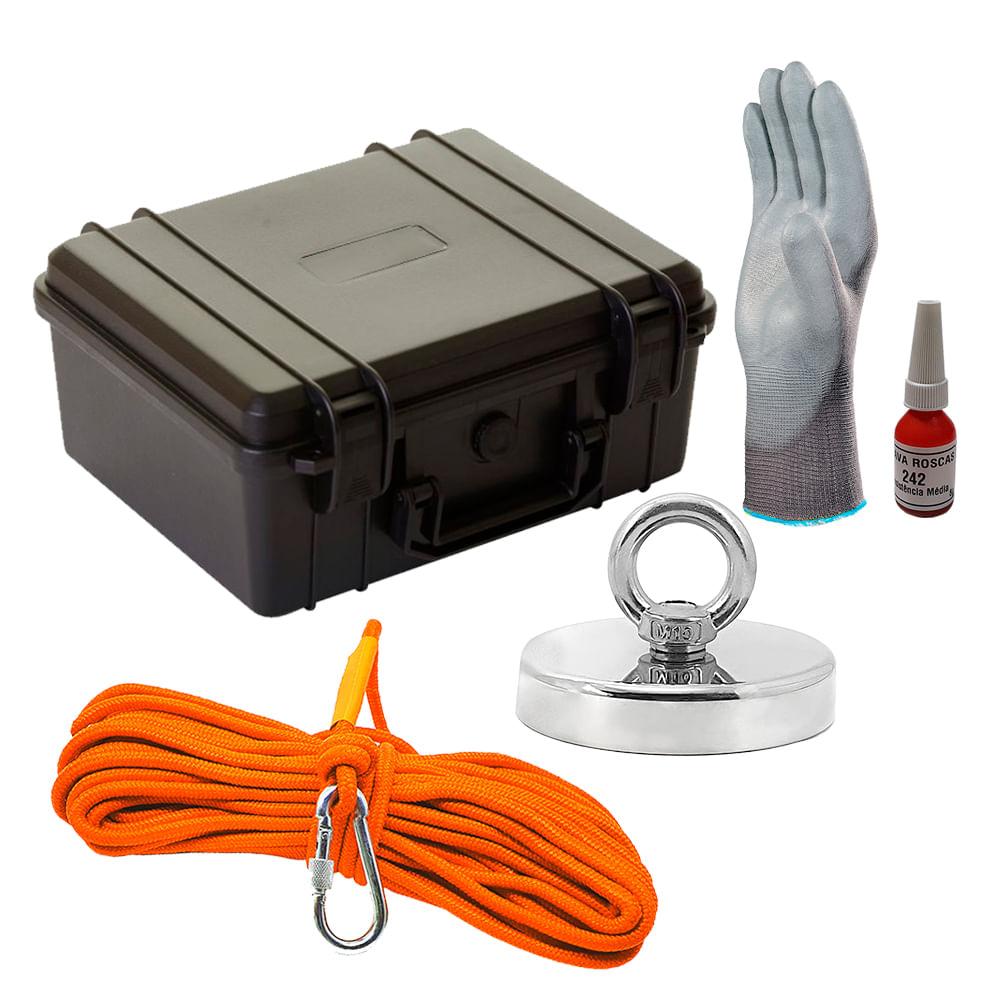 Maleta Pesca Magnética 90 mm Corda Laranja Força Aproximada 340kg 5 Peças Maleta Pesca Magnética 90 mm Corda Laranja Força Aproximada 340kg 5 Peças