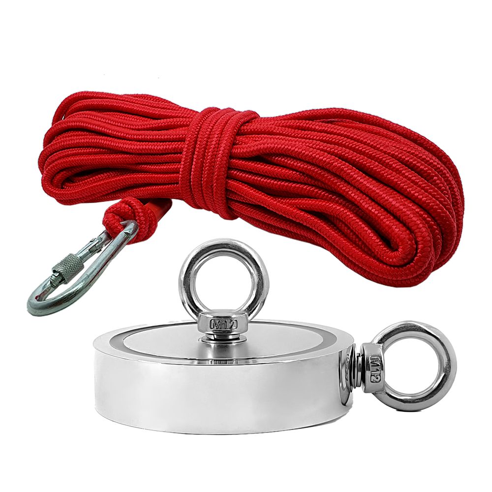 Kit Pesca Magnética com Fixador 136 mm 2 Olhais Força Aproximada 850kg e Corda 20m Vermelha Kit Pesca Magnética com Fixador 136 mm 2 Olhais Força Aproximada 850kg e Corda 20m Vermelha