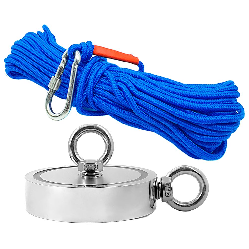Kit Pesca Magnética com Fixador 136 mm 2 Olhais Força Aproximada 850kg e Corda 20m Azul Kit Pesca Magnética com Fixador 136 mm 2 Olhais Força Aproximada 850kg e Corda 20m Azul
