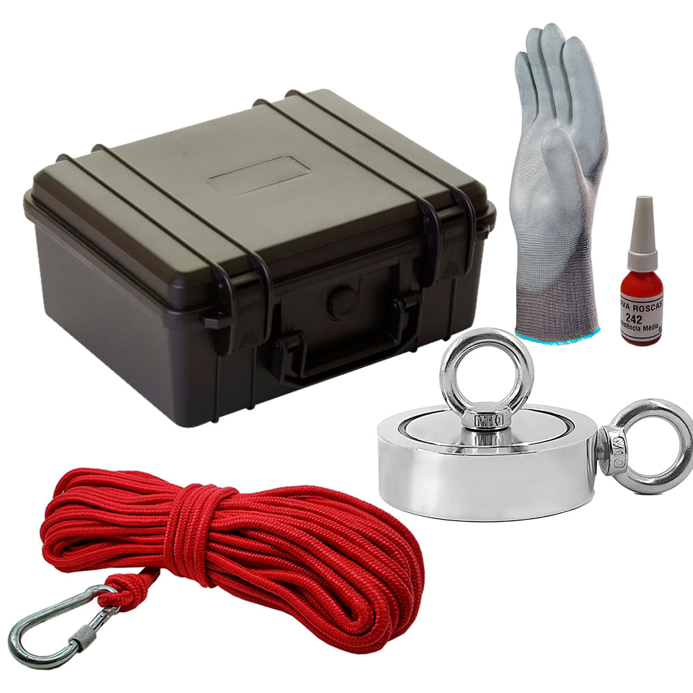 Maleta Pesca Magnética 90 mm 2 Olhais Corda Vermelha Força Aproximada 400kg 5 Peças Maleta Pesca Magnética 90 mm 2 Olhais Corda Vermelha Força Aproximada 400kg 5 Peças