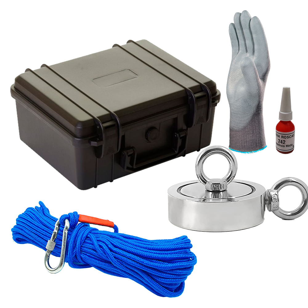 Maleta Pesca Magnética 90 mm 2 Olhais Corda Azul Força Aproximada 400kg 5 Peças Maleta Pesca Magnética 90 mm 2 Olhais Corda Azul Força Aproximada 400kg 5 Peças