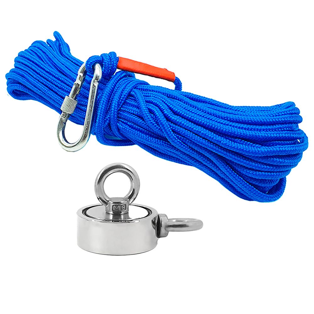 Kit Pesca Magnética com Fixador 60 mm 2 Olhais Força Aproximada 200kg e Corda 20m Azul Kit Pesca Magnética com Fixador 60 mm 2 Olhais Força Aproximada 200kg e Corda 20m Azul