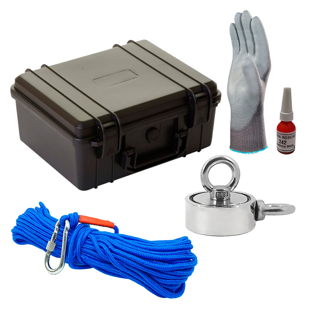 Maleta Pesca Magnética 60mm 2 Olhais Corda Azul Força Aproximada 200kg 5 Peças Maleta Pesca Magnética 60mm 2 Olhais Corda Azul Força Aproximada 200kg 5 Peças