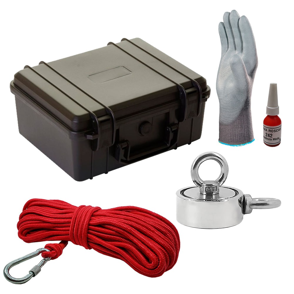 Maleta Pesca Magnética 60mm 2 Olhais Corda Vermelha Força Aproximada 200kg 5 Peças Maleta Pesca Magnética 60mm 2 Olhais Corda Vermelha Força Aproximada 200kg 5 Peças