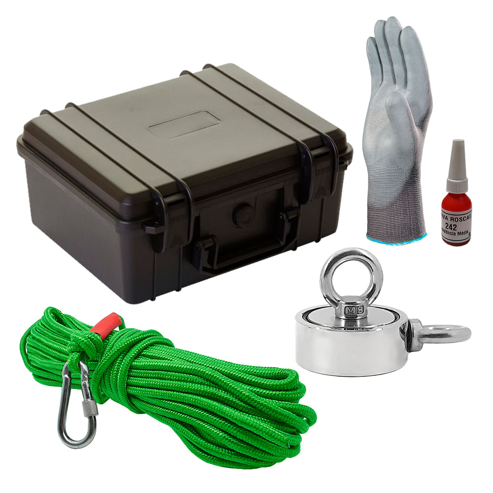 Maleta Pesca Magnética 60mm 2 Olhais Corda Verde Força Aproximada 200kg 5 Peças Maleta Pesca Magnética 60mm 2 Olhais Corda Verde Força Aproximada 200kg 5 Peças