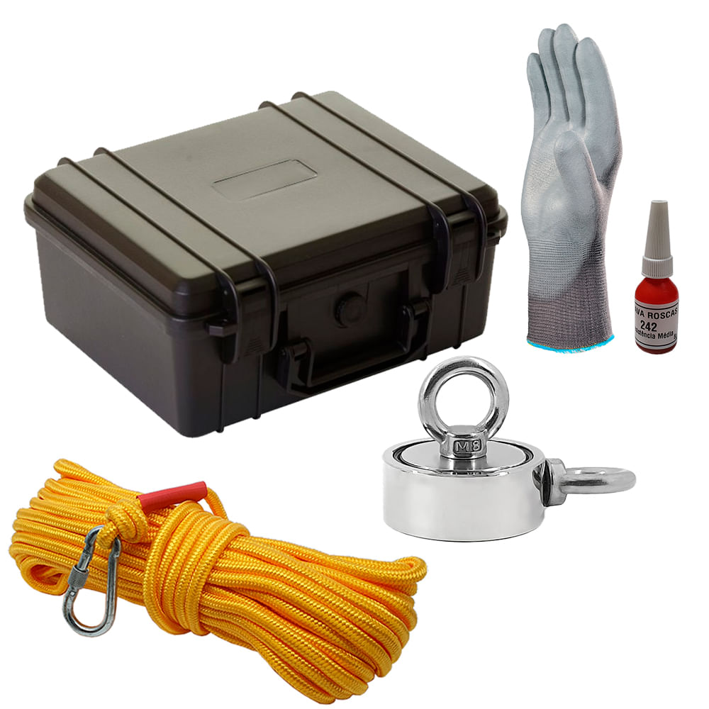 Maleta Pesca Magnética 60mm 2 Olhais Corda Amarela Força Aproximada 200kg 5 Peças Maleta Pesca Magnética 60mm 2 Olhais Corda Amarela Força Aproximada 200kg 5 Peças